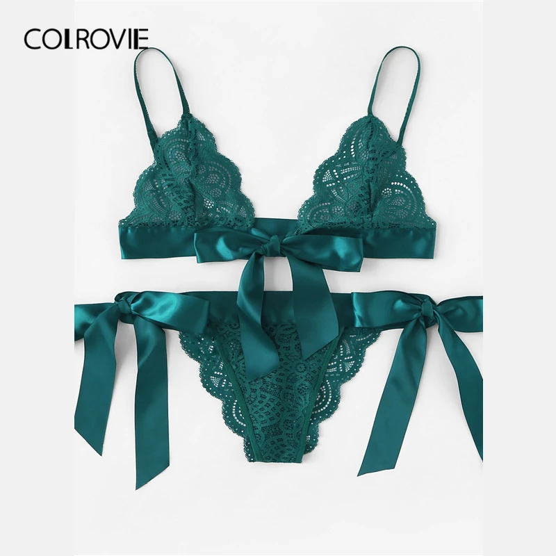 COLROVIE, зеленый галстук, боковая волнистая отделка, лента, кружевной комплект нижнего белья, сексуальное женское нижнее белье,, беспроводные трусы, нижнее белье, комплект с бюстгальтером