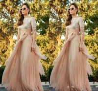 2019 sparkly cheap blush tulle bridesmaid dresses sexy crew long sleeve sequins ruffles floor length maid of honor dress cust