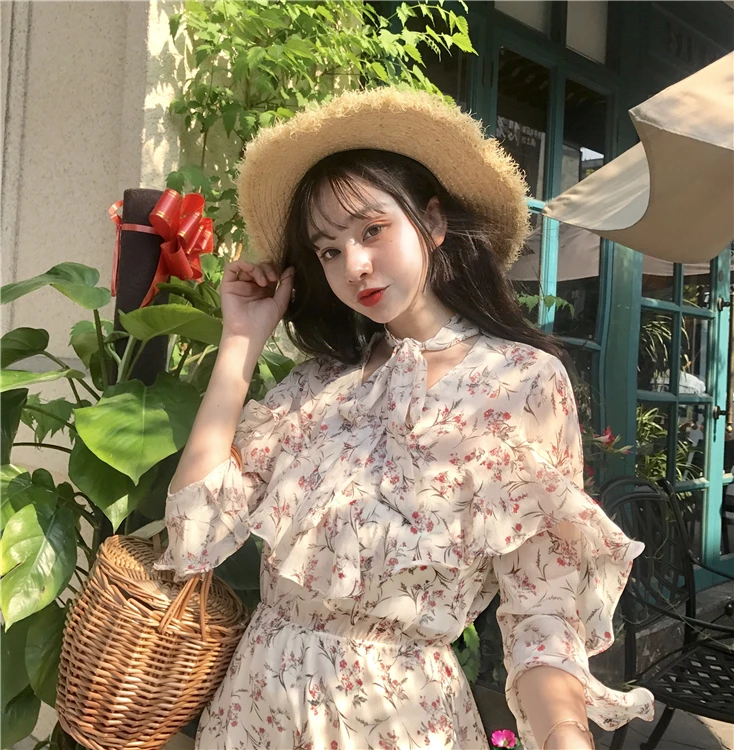 Mihoshop Ulzzang Корейская женская модная одежда с бантом и цветочным принтом милое