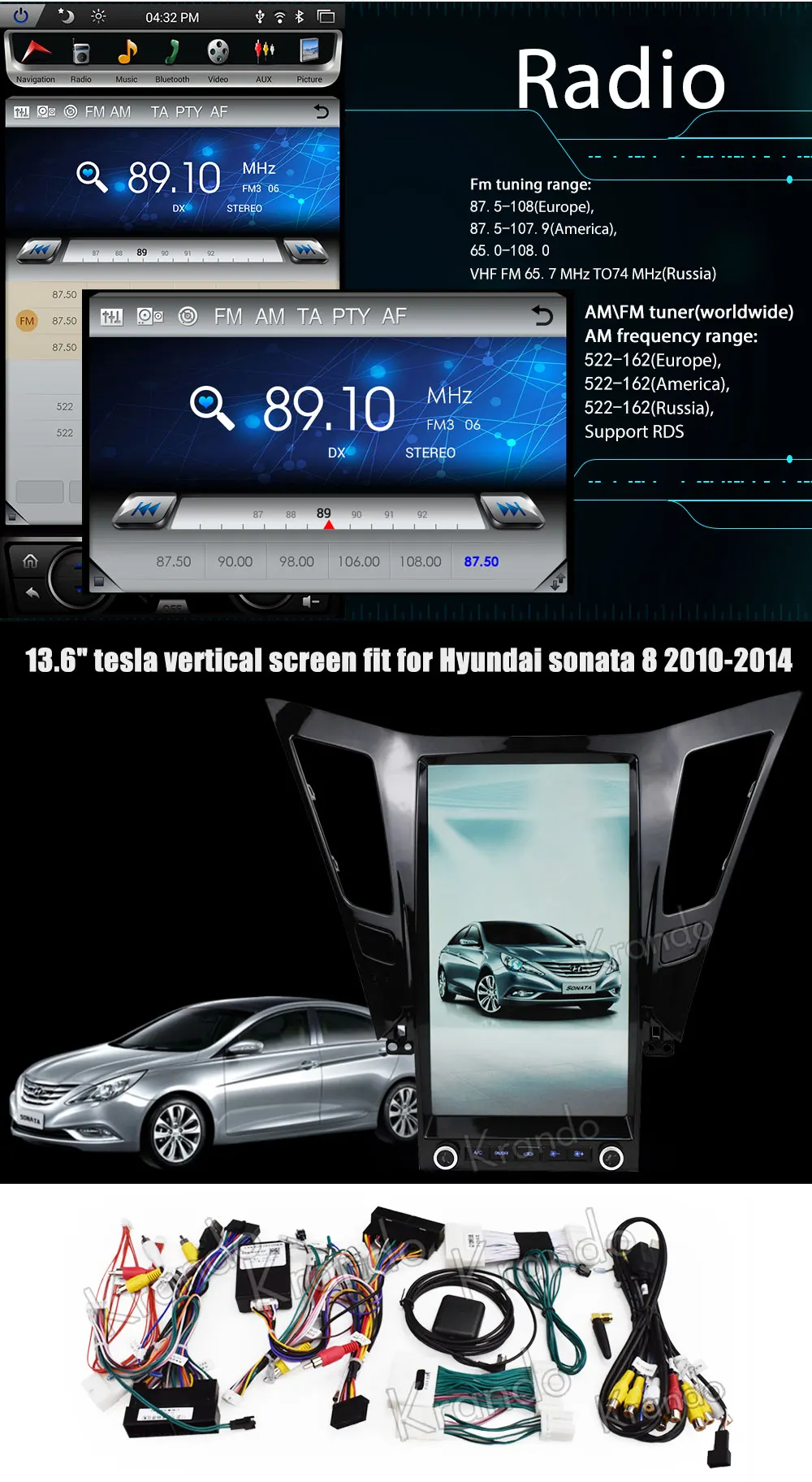 Krando android автомобильный радиоприемник 6,0 13," вертикальный экран Автомобильный мультимедийный для hyundai sonata 8 2010- gps навигационный плеер