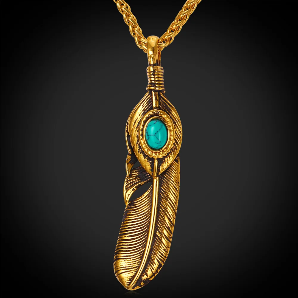 

Dream Catcher Necklace & Pendant Feather Design With Blue Stone Stainless Steel Gold Color Bohemian Vintage Style P147