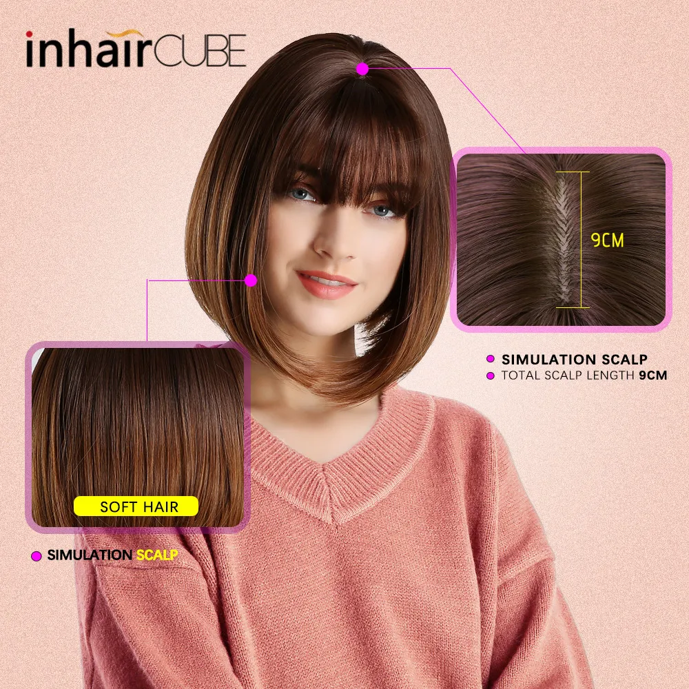 Inhair Cube 10 дюймов Боб Синтетический плоский челка для женщин парик омбре с выделкой короткие прямые волосы парик косплей прическа