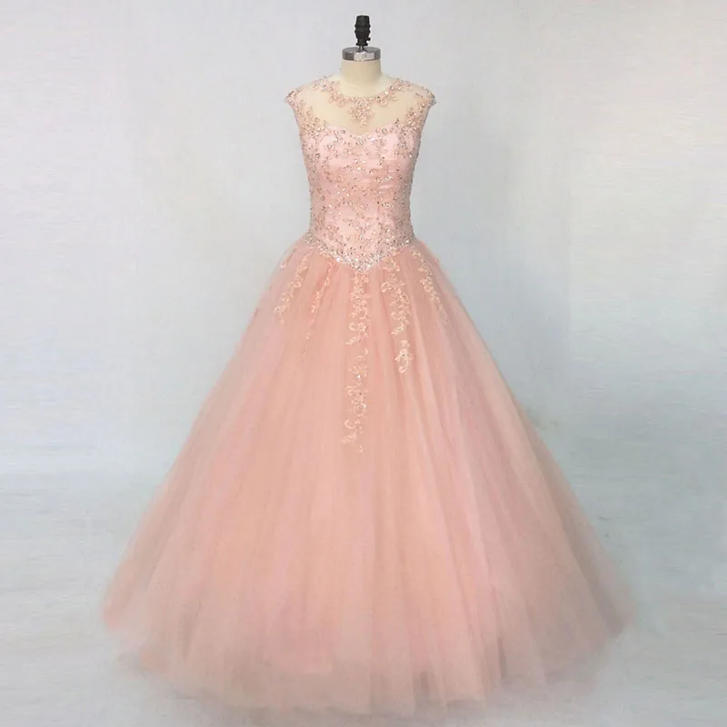 Синий бирюзовый ярко розовые платья Quinceanera бальное платье кружевной вышитый бисером тюль Vestidos De 15 длинное выпускное платье для девочек - Цвет: Blush