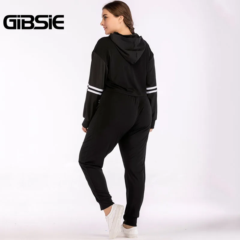 GIBSIE размера плюс женская одежда 4XL XXXL осенний комплект из двух предметов Топ и штаны полосатый спортивный костюм женский укороченный топ 2 предмета