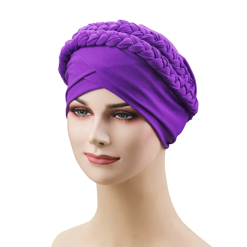 Purple Мусульманские женщины Твист коса Шелковый Тюрбан шляпа шарф Рак шапка Хемо шапочка для химиотерапии хиджаб головные уборы головной убор аксессуары для волос - Цвет: Purple