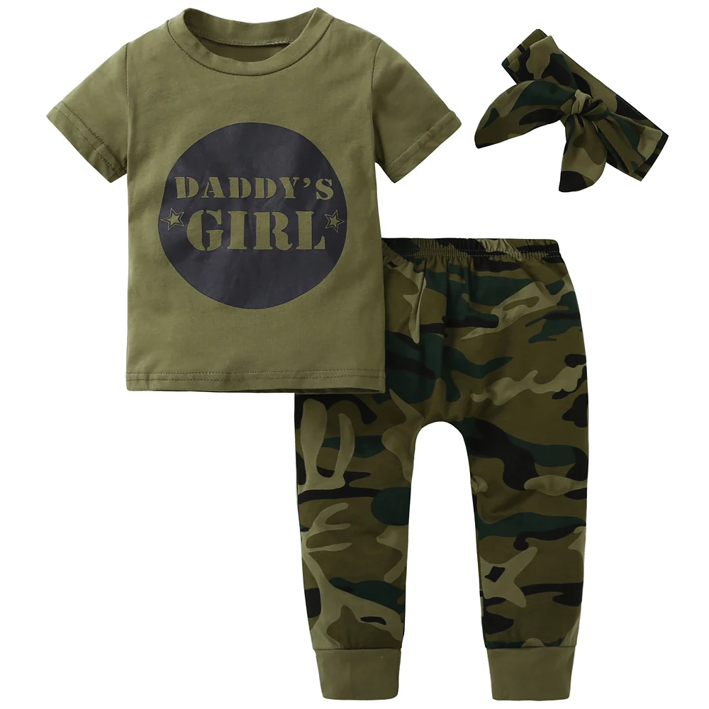 2020 Cute baby boy girl Clothes cotton short sleeve letter print T-shirts camouflage Pants Bow Headband Newborn clothing | Детская