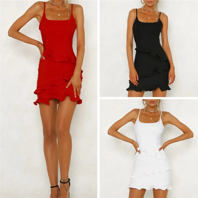 Элегантное женское платье облегающее без рукавов с оборками летнее вечернее на