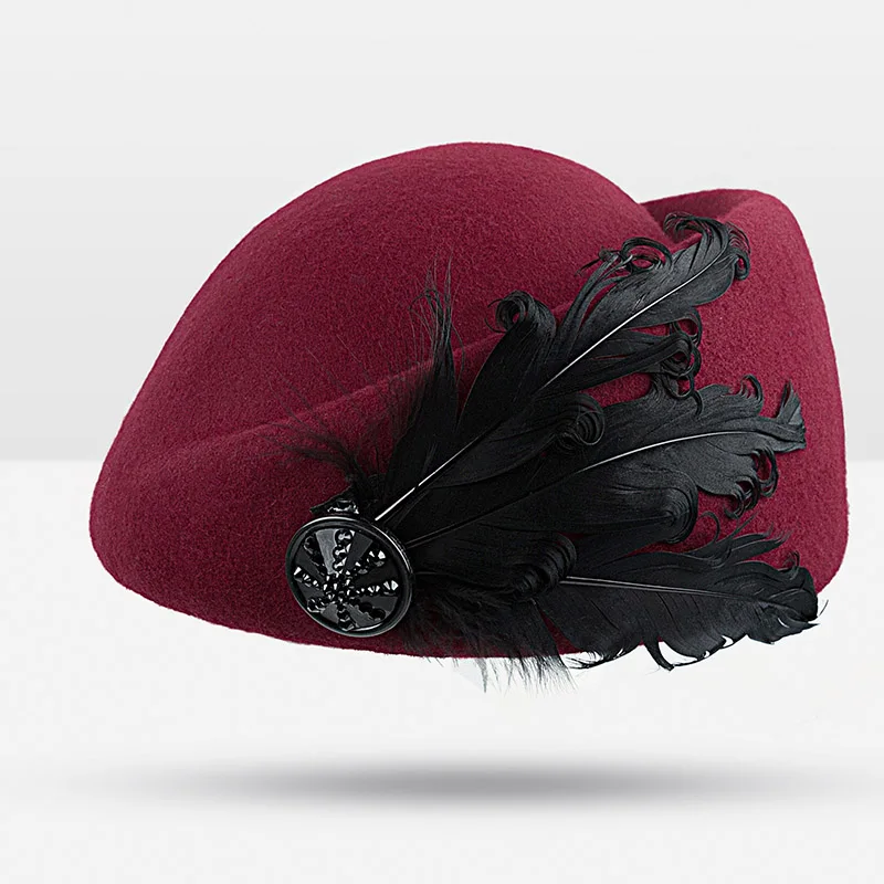 Новая Винтажная шерстяная фетровая шляпа Shipform шапочка стюардессы Женская Чистая шерстяная джазовая зимняя теплая Модная шапка для женщин 5 цветов - Цвет: Wine