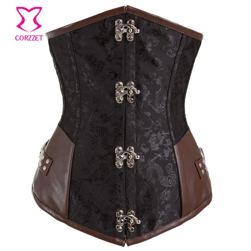 

Burlesque Black Jacquard&Brown Leather Steel Boned Corsets Steampunk Waist Trainer Underbust Corset Korset Korsett For Women