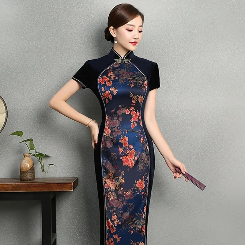 Китайское платье Qipao Шанхай раннее бархатное Ципао с коротким рукавом винтажное