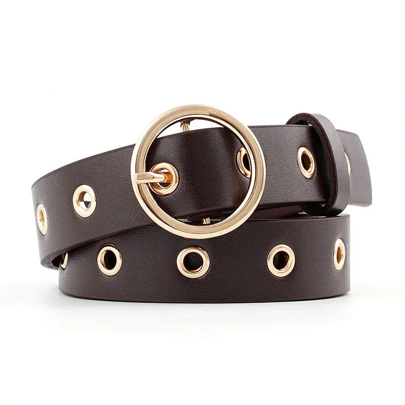 Для женщин кожаный ремень с круглой металлической пряжкой круг Ремни Популярные брендовые модные панк-хомут с круглым воротником для мальчиков и девочек для Для женщин пояс