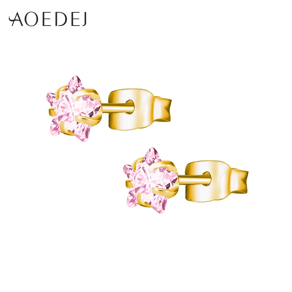 AOEDEJ 3-8 мм Золотая Звезда Серьги гвоздики из нержавеющей стали сережки со стразами розовые для женщин девушки сердце серьги цветные - Окраска металла: Pink Star Gold