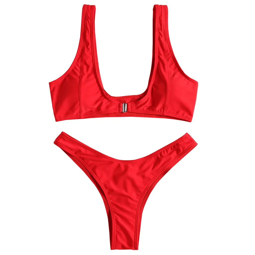 Женский однотонный красный бюстгальтер с пуш-ап и подкладкой пляжный комплект