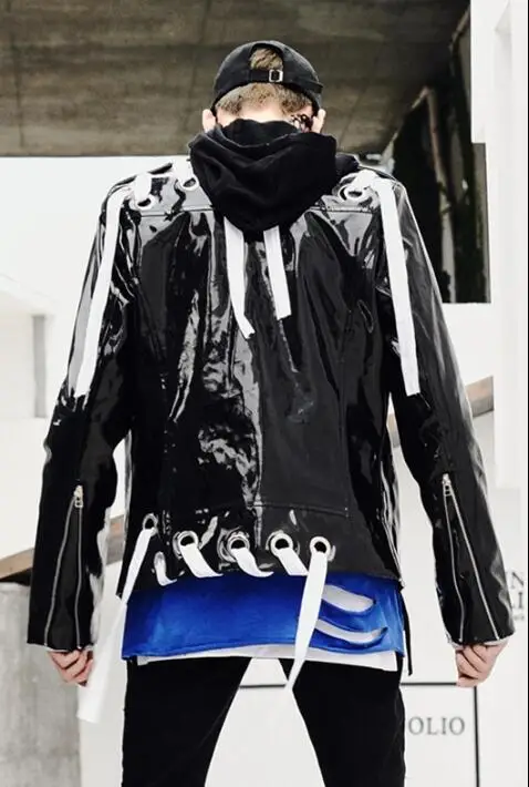 

Personality Short locomotive Glossy Leather Men's Fashion Coat Nightclub Bar DJ Hair Stylist Leather Jacket M-2XL