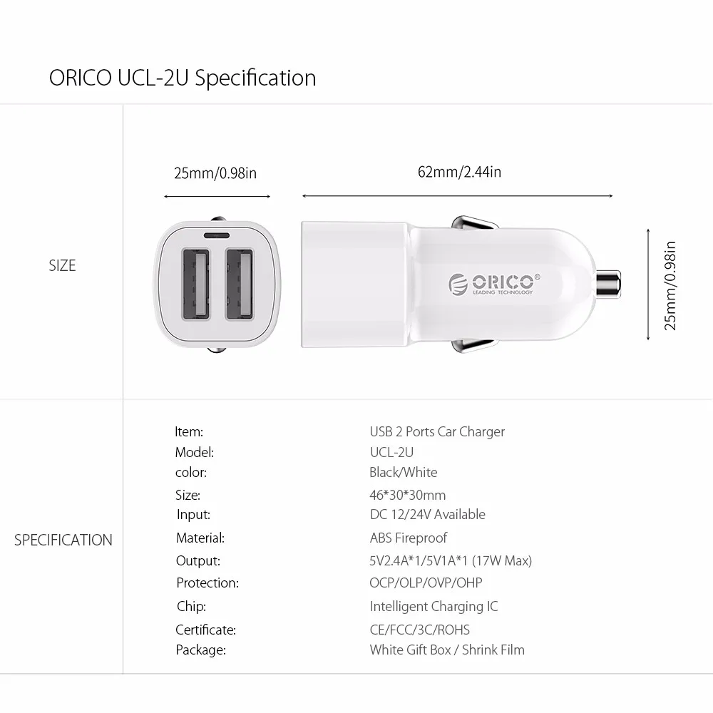 Автомобильное зарядное устройство ORICO с двойным usb-выходом 2,4 А, быстрое зарядное устройство для мобильного телефона, адаптер для путешествий, прикуриватель, 12-24 В постоянного тока, автомобильное зарядное устройство