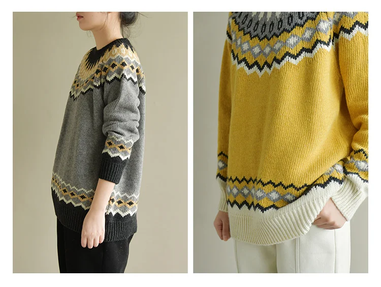 Этническая ветер жаккард с геометрическим узором пуловер свитер Осень-зима в