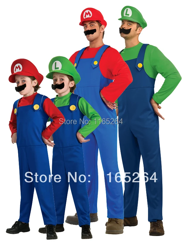 Костюм Супер Марио с шапкой и бородой для взрослых детей зеленый/красный костюм