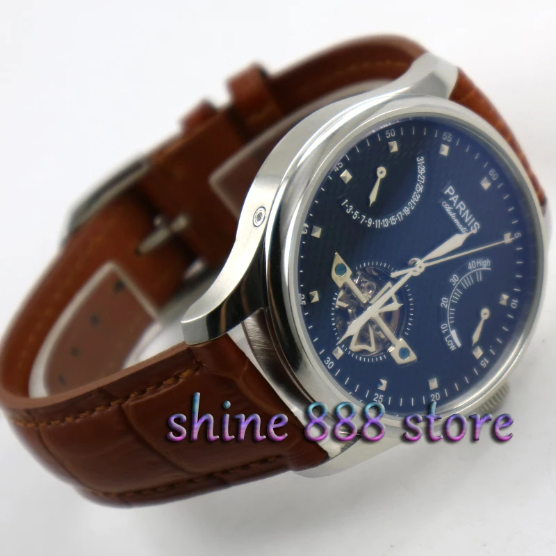 

Parnis 43mm power reserve black dial Brown strap movement ST2505 Automatic movement Men's watch