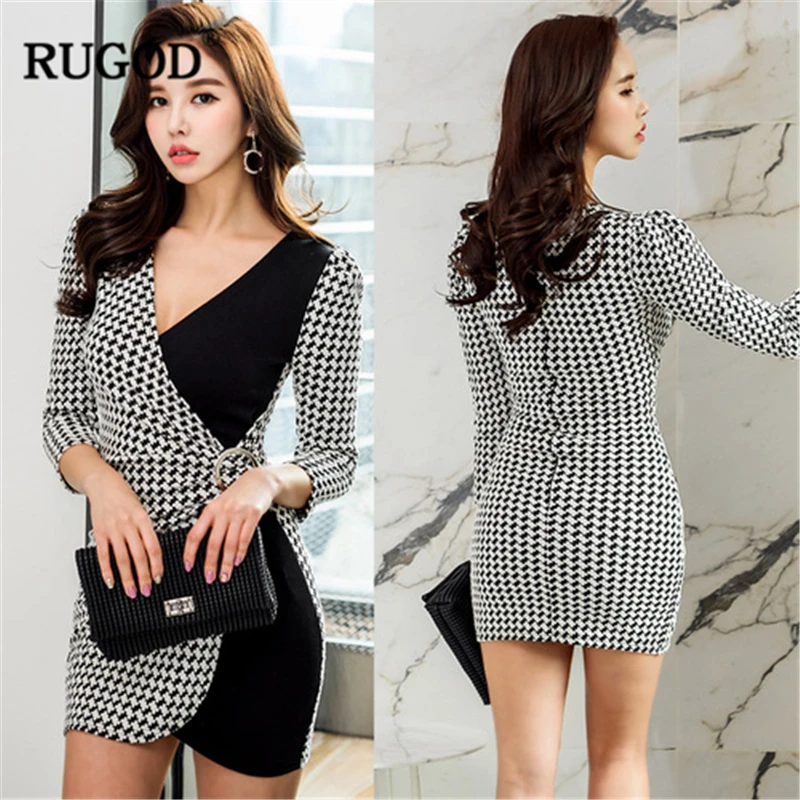 Женское платье с v образным вырезом RUGOD черно клетчатое приталенное туника модель