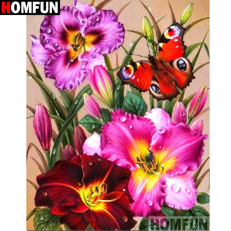 Алмазная 5d картина HOMFUN цветок бабочка вышивка крестиком полное покрытие