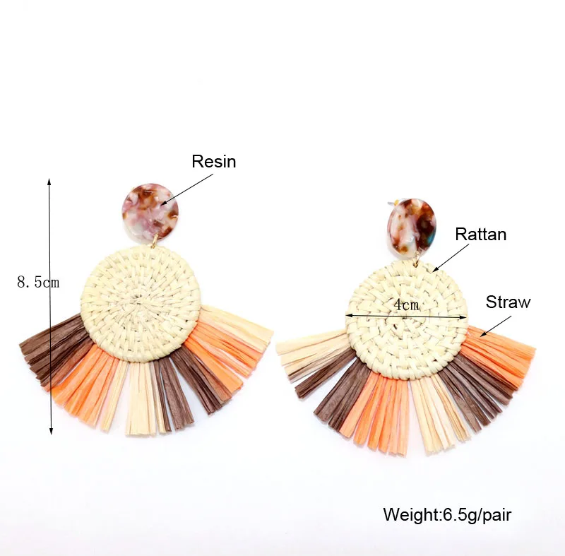 

F.J4Z Hot Handmade Wooden Straw Weave Rattan Braided Big Circle Triangle Long Drop Earrings For Women Girl Aretes De Mujer