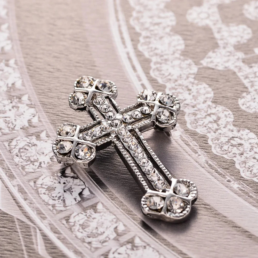 Брошь унисекс MZC блестящая с большим крестом и кристаллом белая винтажная