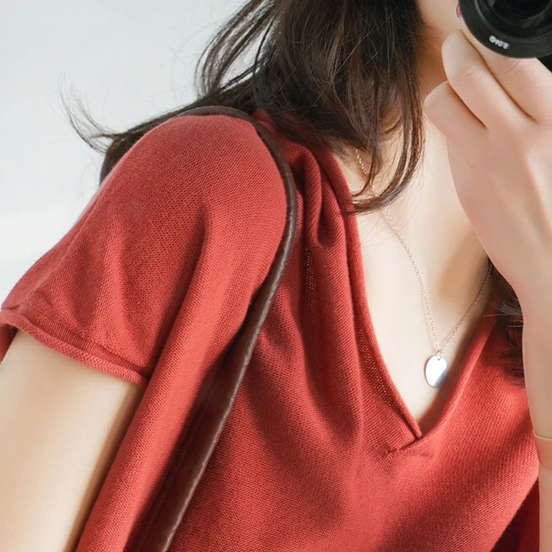 Женский вязаный пуловер из 100% хлопка с коротким рукавом Свободный V-образным