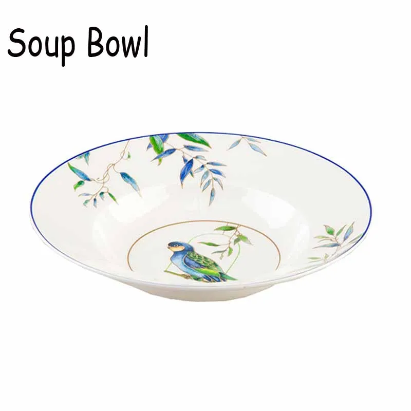 9 inch soup bowl Рождественские столовые приборы, обеденная тарелка, чашка и блюдце, фарфоровая ваджилла, ручная роспись, блюда с птицами, керамическое плоское блюдо, мультяшный набор посуды - Цвет: 9 inch soup bowl