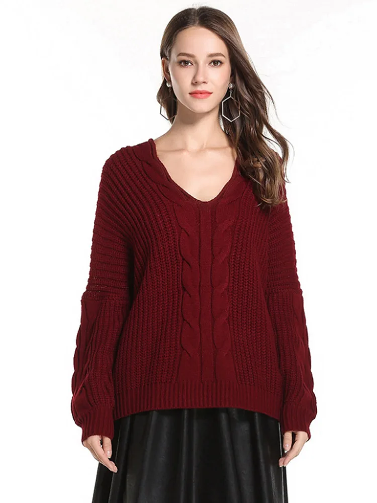 2019 Autumn Winter New Sweater European American Women's V-neck Fashion Solid Color Twisted Loose Pullover Sweaters Female M061 | Женская