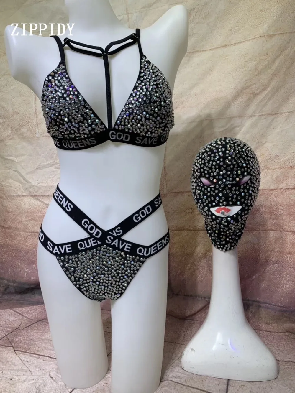 Пикантные черные сапоги мигающими кристаллов бикини маска Экипировка