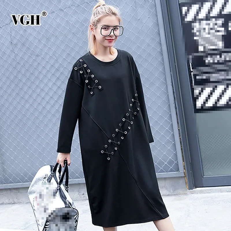 VGH Autumn Dresses For Women Round Neck Long Sleeve Casual Loose Black Women's Midi Dress Female Large Sizes 2018 Fashion Tide | Женская