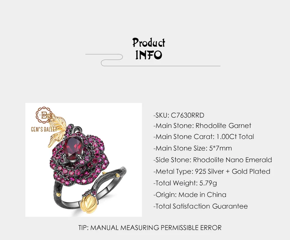 GEM'S балетное 925 пробы серебро 1.00Ct натуральный родолит гранат роза цветок Открытое кольцо ручной работы регулируемое кольцо для женщин Bijoux