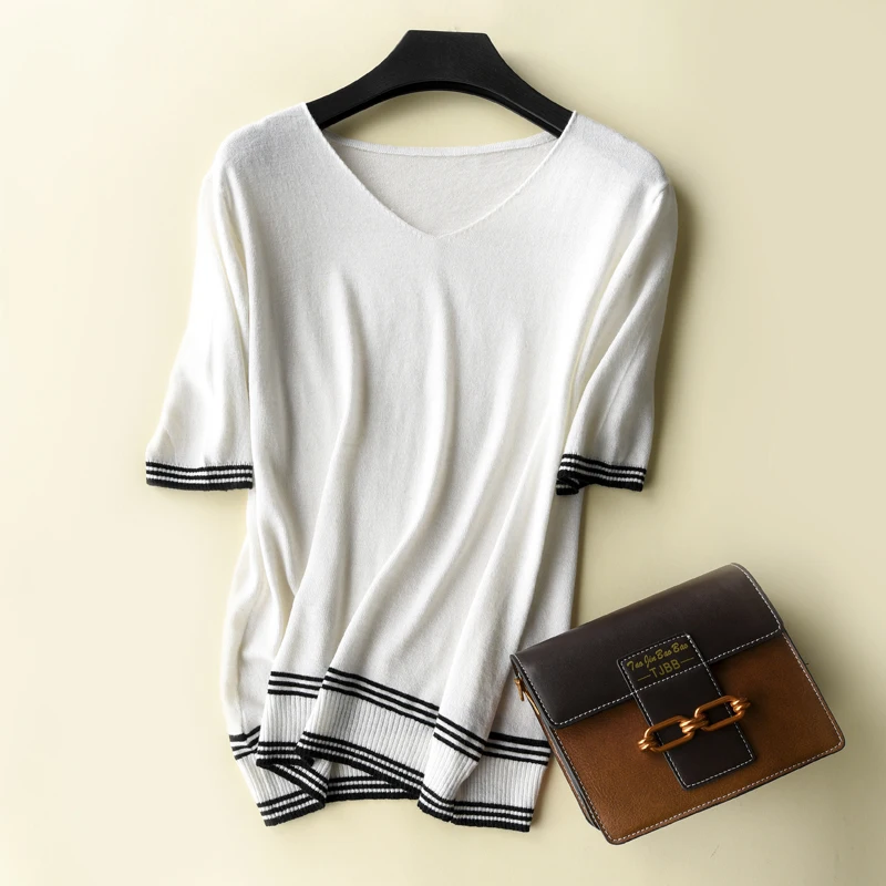 Женский кашемировый свитер трикотажный пуловер в полоску с коротким рукавом и