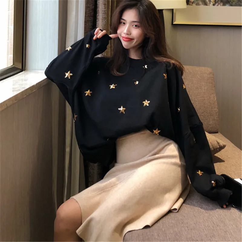 black hoodies Korobov расшитые блестками женские толстовки Harakuju с вышитыми звездами Черная Толстовка женские пуловеры с круглым вырезом и длинным рукавом свитшоты 76372 - Цвет: black hoodies