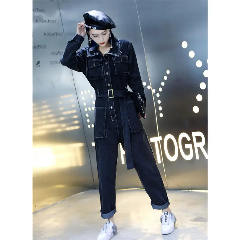 Женский джинсовый комбинезон в Корейском стиле черный/синий повседневный с