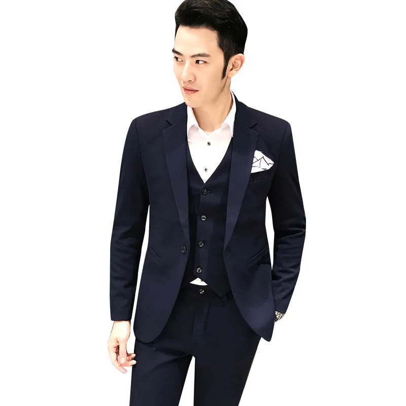 

Men's Classic Blazers Suits Business Dress Casual Solid Black Blue Wedding Party Male Three-Piece Suits (Jacket+Vest+Pant)