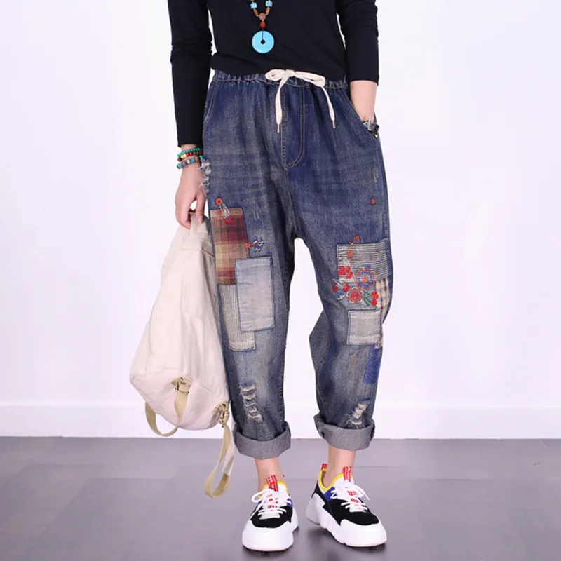 Лоскутный с вышивкой шаровары джинсы мешковатые Большие размеры падение