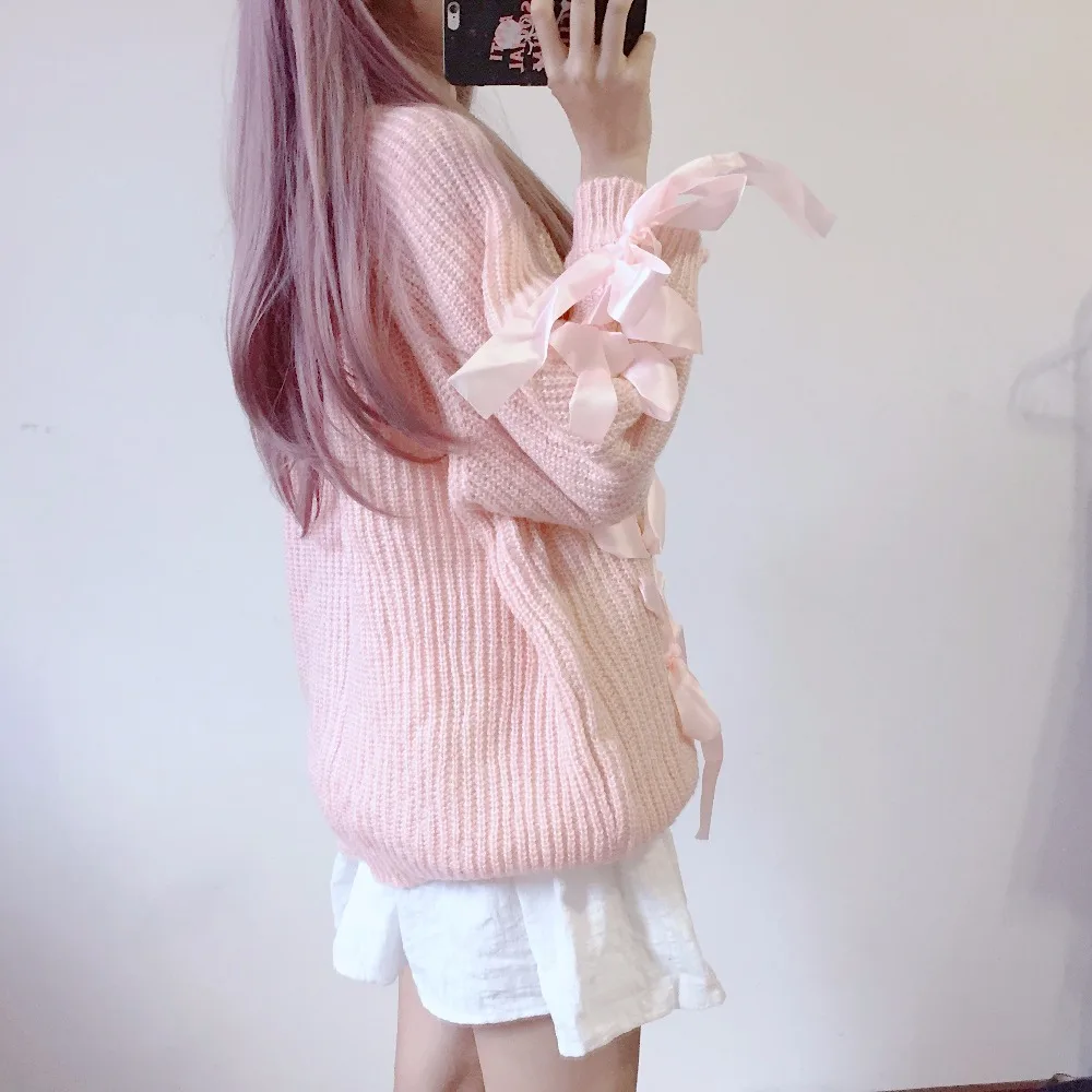 Осенние Японские Женские свитера на шнуровке с лентами модная Милая вязаная