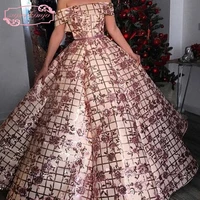 ball gown prom dresses sequins off the shoulder lace appliques flowers puffy evening dresses arabic evening gowns 2018 real
