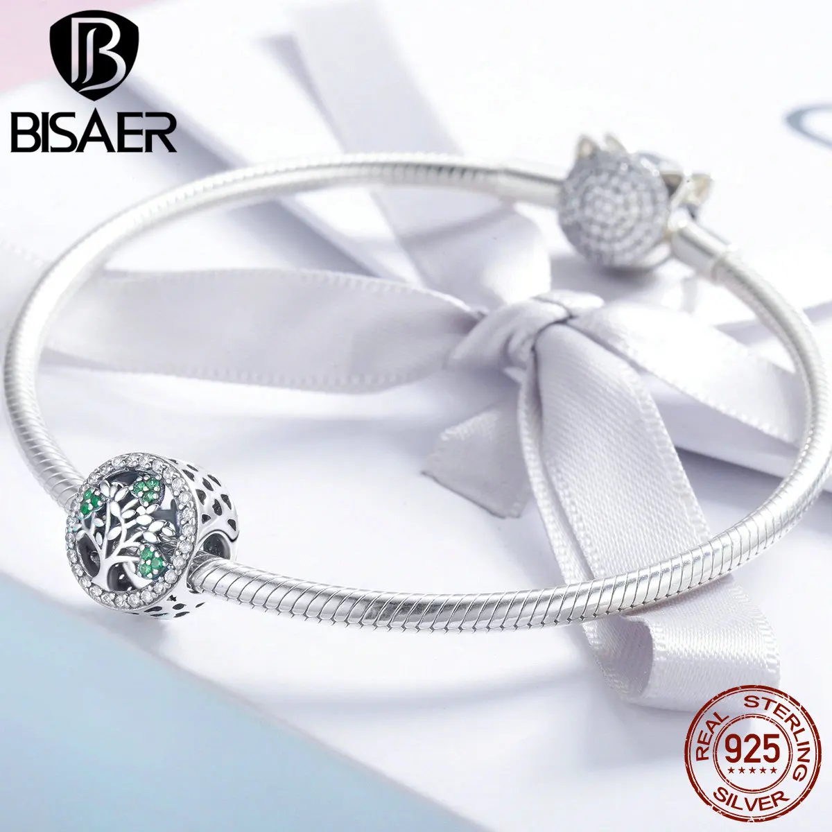 BISAER 925 пробы серебряная подвеска "Древо жизни" прозрачный зеленый CZ бисер Подходит для браслетов DIY Изготовление ювелирных изделий Серебро 925 ювелирные изделия ECC919