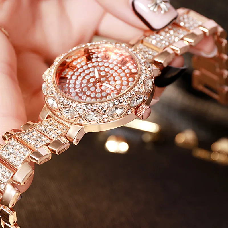 Женские часы с кристаллами и стразами Золотая стальная лента для часов розовое