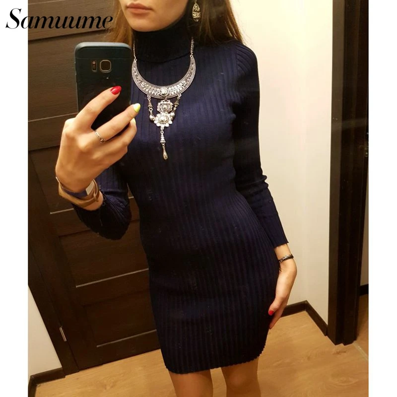 Samuume Elegant Long Sleeve Turtleneck Knitted Dress Autumn Warm Bodycon Winter Wrap Pencil Sweater Dresses Vestido A1708050 | Женская