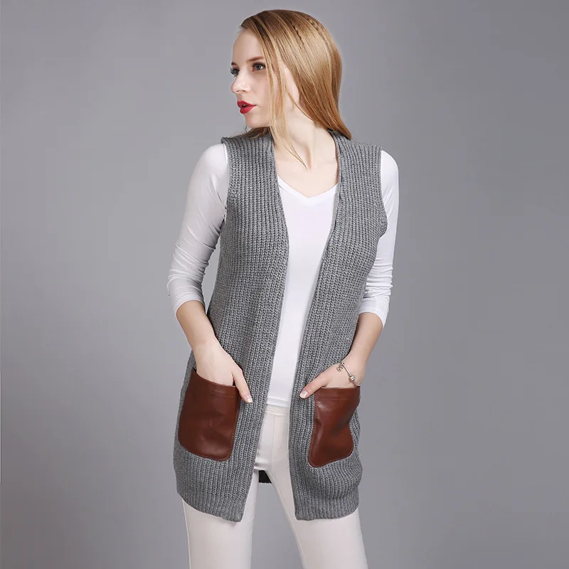 Joy Capita European Long Sweaters 2017 Knitted Women Sleeveless Patchwork Cardigans Casual Plus Size Sweater |