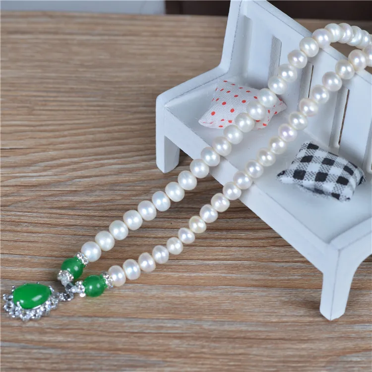 Bread shaped natural pearl necklace green heart pendant sweater chain mother's day gifts fashion jewelry wholesale YR205 | Украшения и