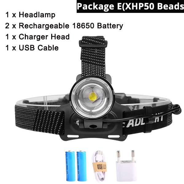 Packge E XHP50 Самый мощный 50000LM XHP70 светодиодный налобный фонарь Водонепроницаемый V6 XHP50 налобный светильник Перезаряжаемый 18650 Zoom Головной фонарь велосипедный светильник фонарь - Испускаемый цвет: Packge E XHP50