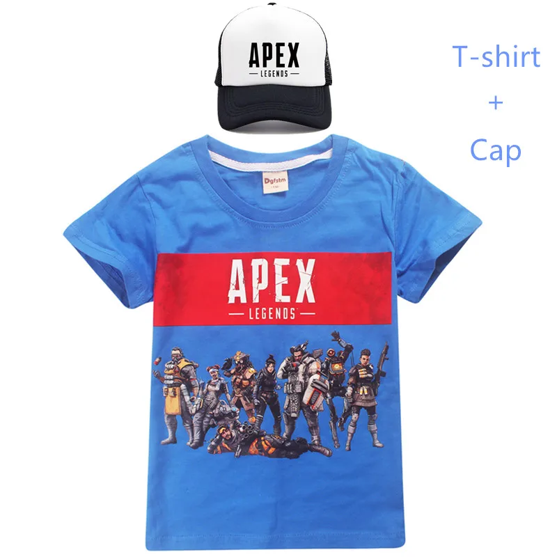 Коллекция года, красный топ, короткая футболка с героями игры Apex Legends детская повседневная одежда футболка из хлопка для мальчиков и подростков одежда для маленьких девочек+ Кепка - Цвет: t8436blue-set