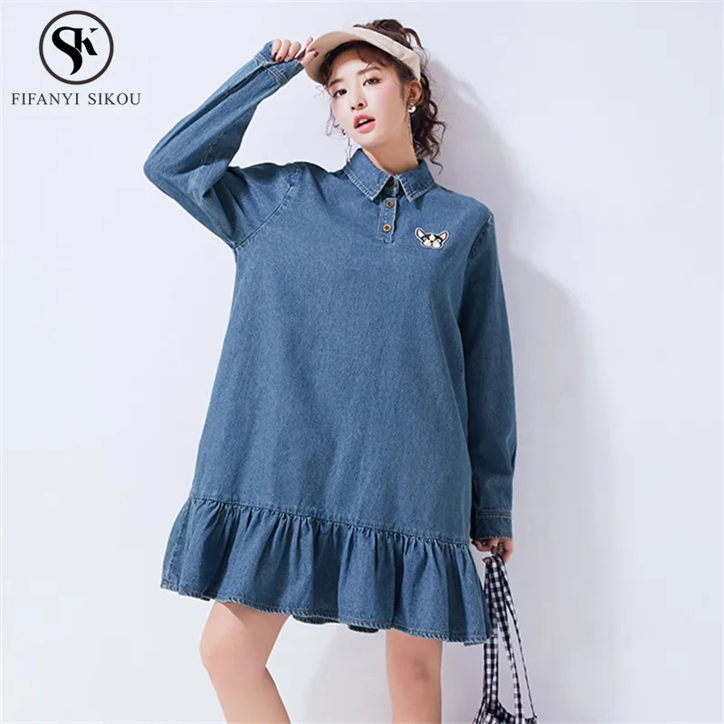 2018 новые весенние оборками Denim женское платье мультфильм вышивка с длинным