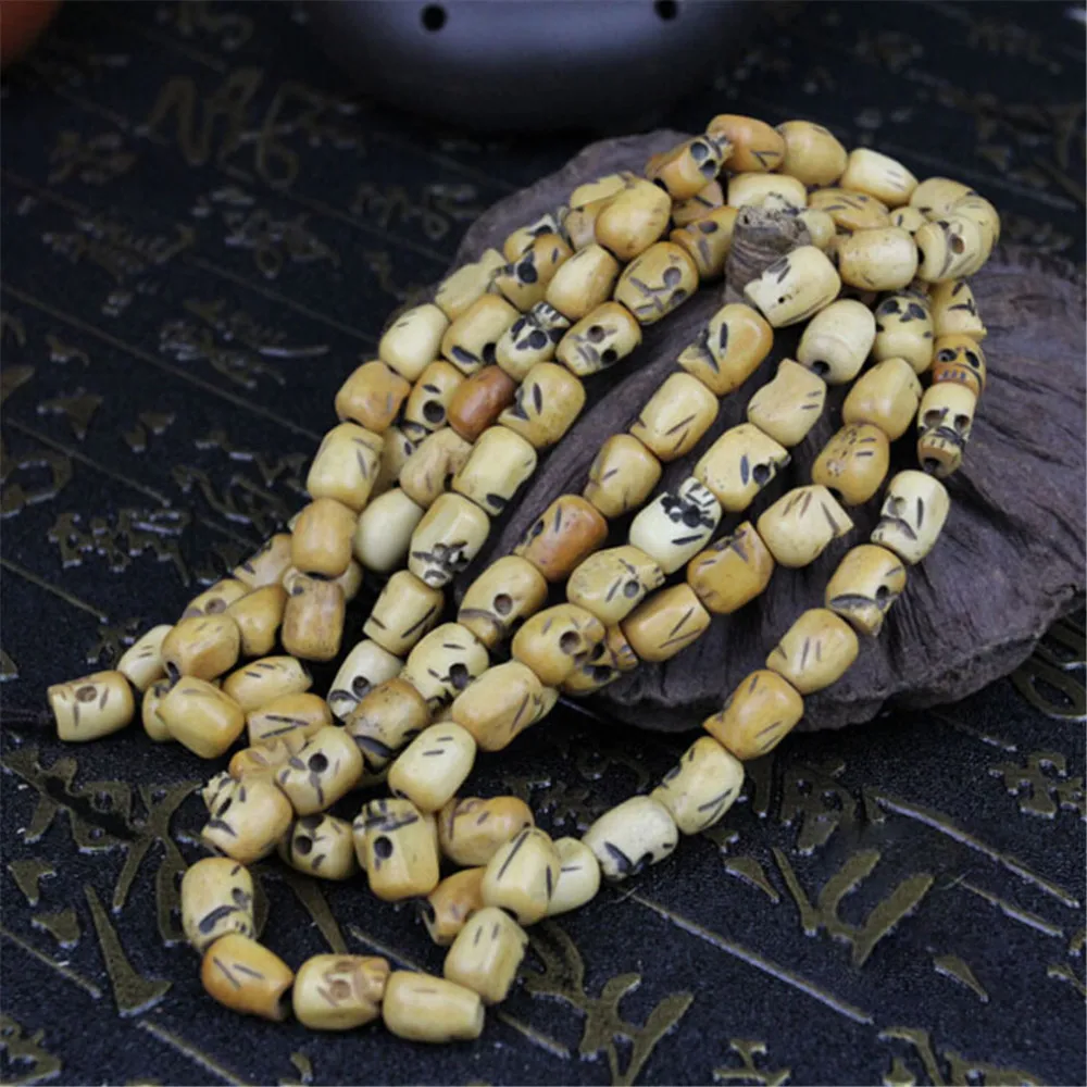 

Natural Retro Yak Bone Buddha Beads Hand Carved Skull 108 Beads Mala Bracelets Beads DIY Accessories Bone Carving Men Jewelry