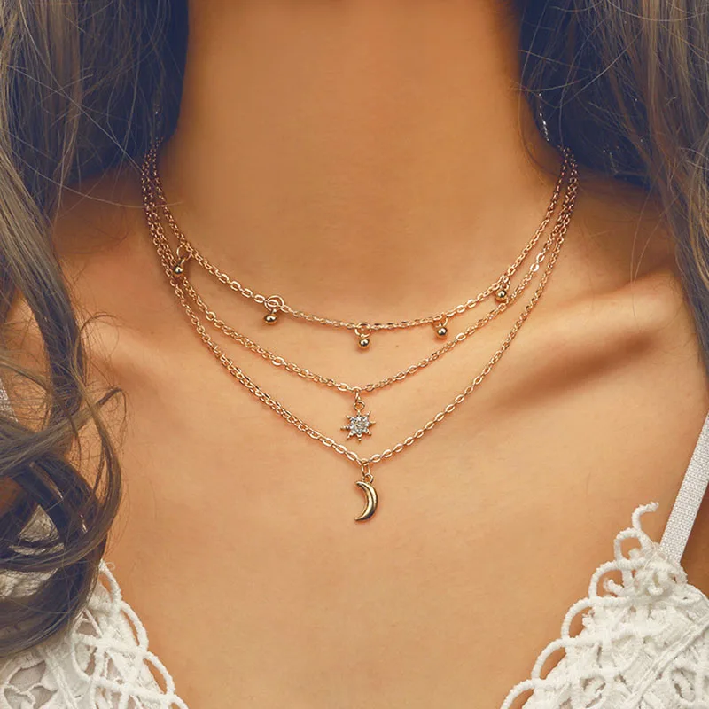 Женские винтажные многослойные ожерелья YN26 стразы звезда луна кисточка