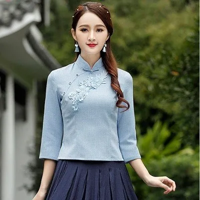 blue Женская зеленая блуза Cheongsam в китайском стиле, повседневная одежда guzheng с рукавом в древнем стиле, рубашки Qipao, топы летнего размера плюс - Цвет: blue